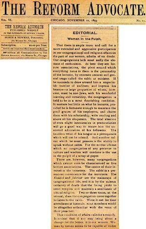 Editorial on Woman on the Pulpit from "The Reform Advocate," November 11, 1893, Page 1