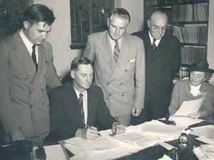 Afrikaans literary advocate Sarah Goldblatt with the translation committee of “Die Stem,” 1952.