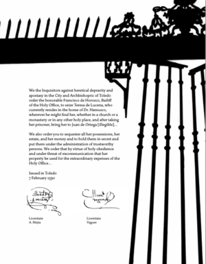 Artistic rendering of arrest warrant for Teresa de Lucena
