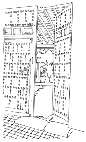 Artistic rendering of courtyard door in Puebla de Montalbán