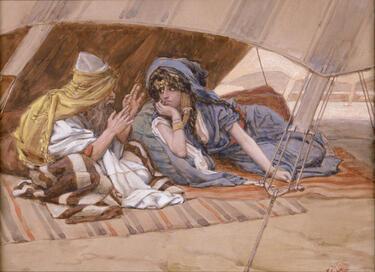 Abram on the left speaking to Sarai in a reclined position on the right