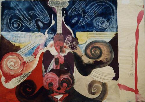 A symetrical abstract painting of a figre in red and purple, with yellow and white wings and a blue background