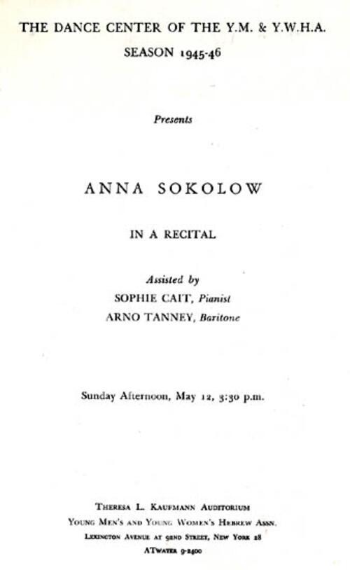Anna Sokolow's Recital at New York's 92nd Street Y, circa 1945, Page 1