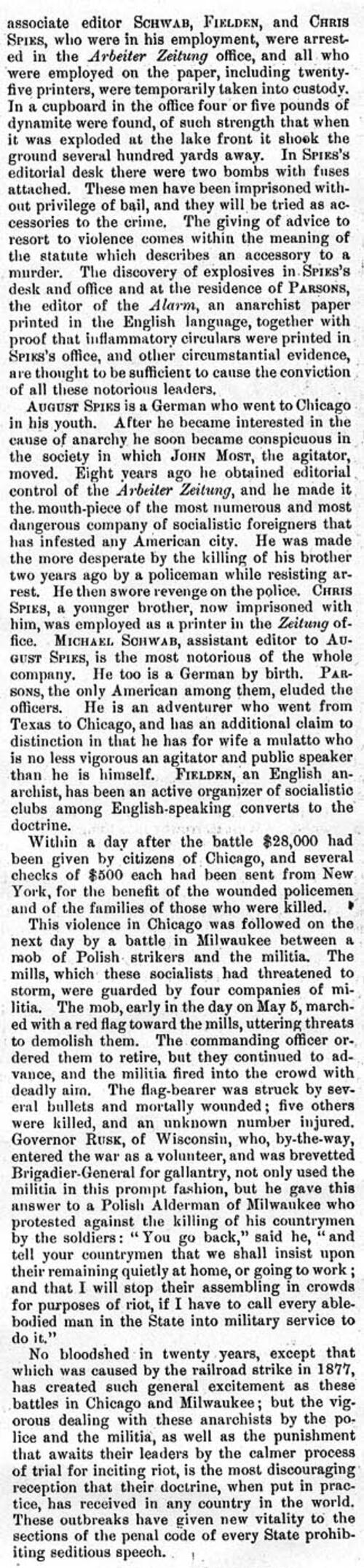 "Anarchist Riots in the West" Article About the Bombing in Chicago's Haymarket Square, Page 2