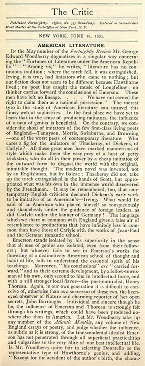 "The Critic" Essay on American Literature by Emma Lazarus, June 18, 1881 (Page 1 of 2)
