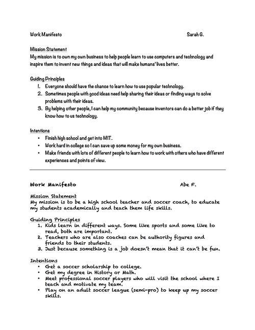 Example Work Manifestos BY eTTA kING, 2012