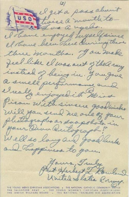 Fan Mail to Molly Picon From Private Herbert Rowland, September 12, 1943