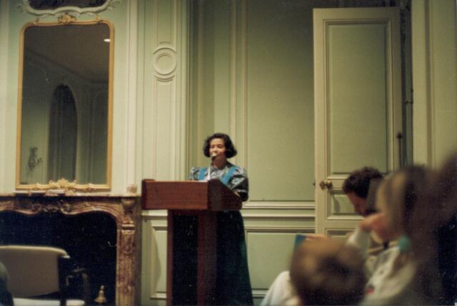 Gloria Gervitz at a podium at Brown University