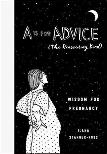 Black and white illustration of a pregnant woman in a spotted shift, putting her hands on her lower back and looking up at the crescent moon.