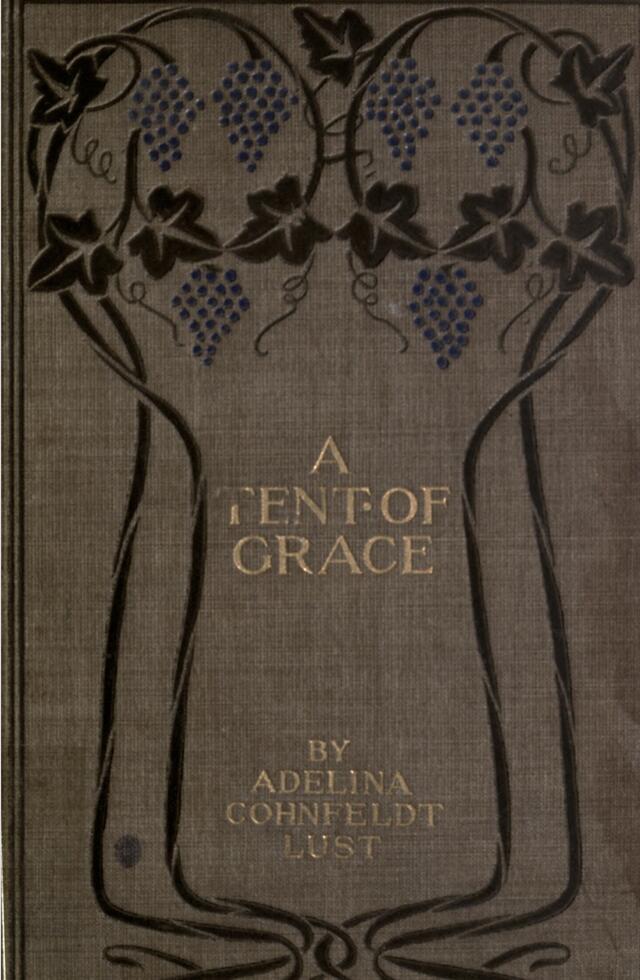 A symetrical pattern of vines, with six bunches of grapes and leaves drooping down from the top of the book cover, above the title and author