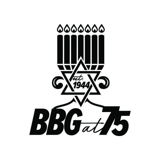 Black and white image of BBG at 75 logo featuring a Star of David with the words "established 1944" inside, an illuminated menorah above, and the words "BBG at 75" below.