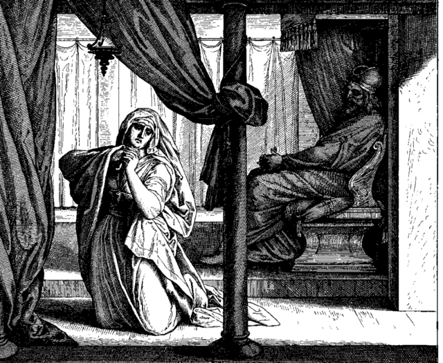 Woodcut of Hannah on her knees praying for a child in the temple as Eli looks on by Julius Schnorr von Carolsfeld