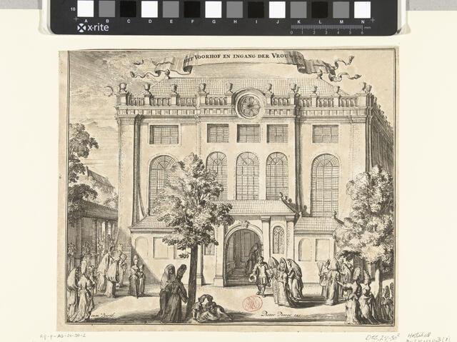 an egraving of several small groups of women approaching a large building with three rows of windows, and a man standing at the door to welcome them