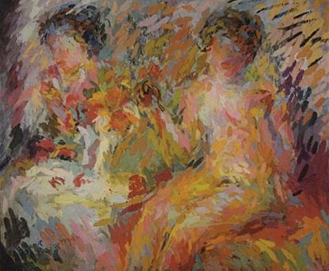 An abstract painting of a girl in a warm rainbow color palette, with a mirror image sitting beside her in a slightly cooler palette