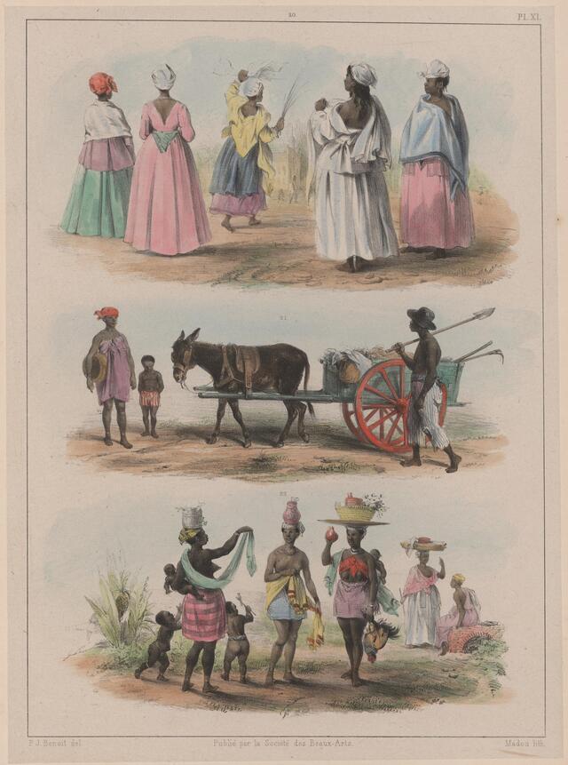 Three illustrations. The top one features five women in long dresses in front of a church; the second a woman and her child with a man and a donkey cart; the last five women in casual dress with their children and balancing objects on their heads.