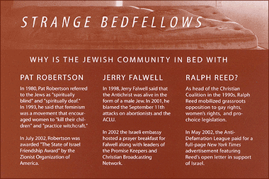 Front of red postcard questioning "strange bedfellows" of the Jewish community naming Pat Robertson, Jerry Falwell, and Ralph Reed