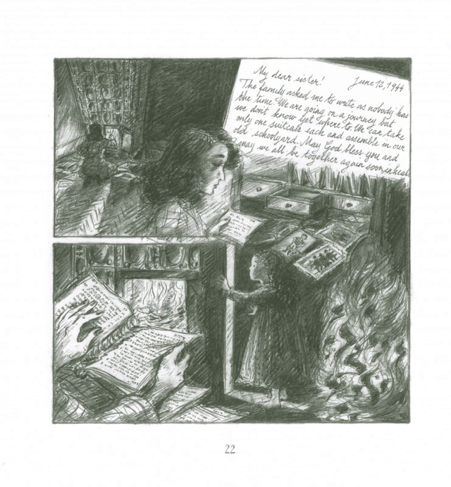 Multi-panel drawing of a woman looking over letters and photos and tearing pages from a book, putting them in a fire; young girl standing at the door and watching; abstract Hebrew letters in a fire