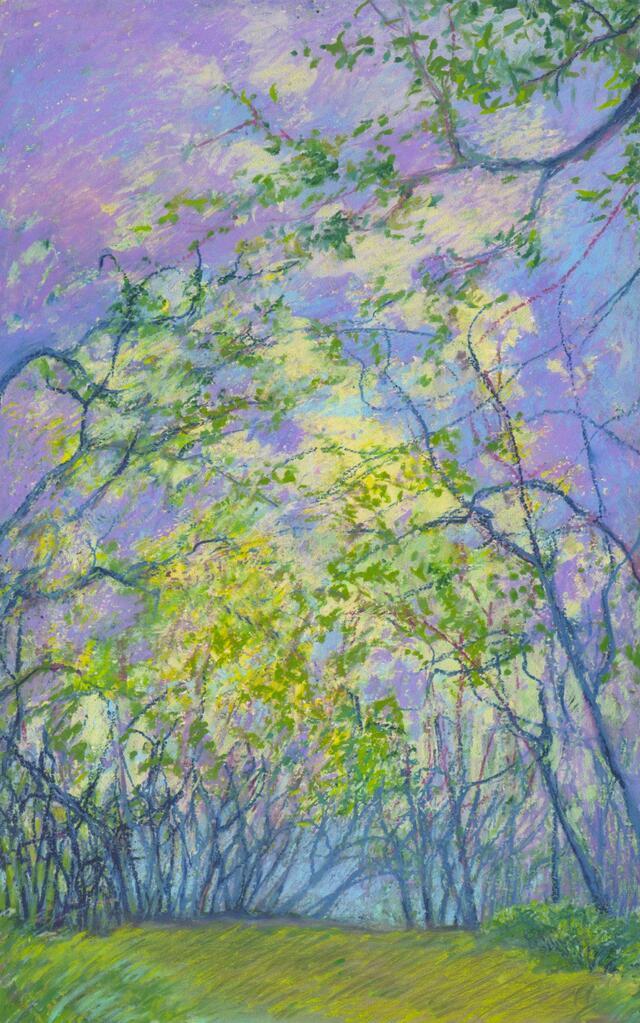 an impressionist-style painting of a group of spindly trees with green leaves