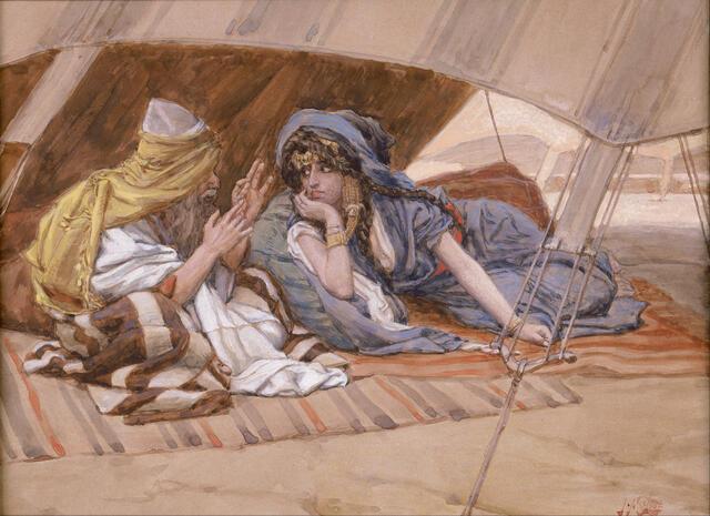Abram on the left speaking to Sarai in a reclined position on the right