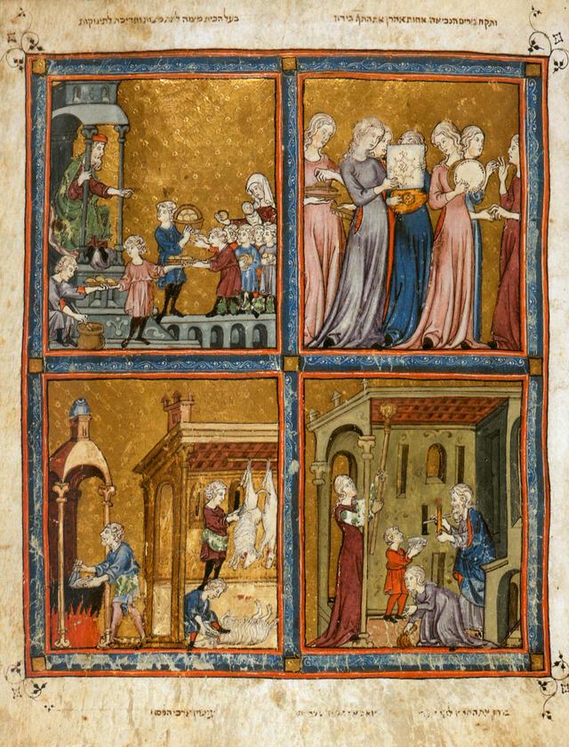 Folio leaf from a 1320s Sephardi Golden Haggadah with four miniature paintings depicting scenes from the Book of Exodus, set against gold-tooled backgrounds