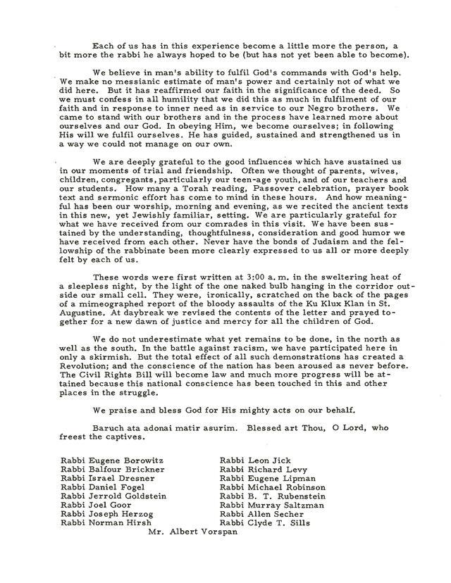 "Why We Went: A Joint Letter from the Rabbis Arrested in St. Augustine," June 19, 1964, page 3 of 3