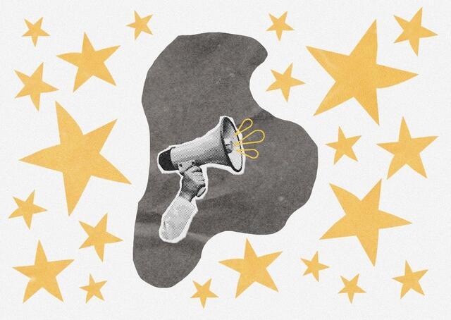 Collage of hand holding a megaphone with stars in the background