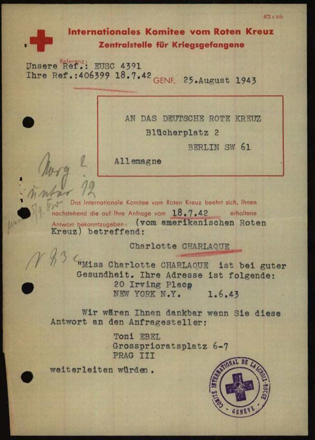 Historical document from the Red Cross regarding the welfare of Charlotte Charlaque