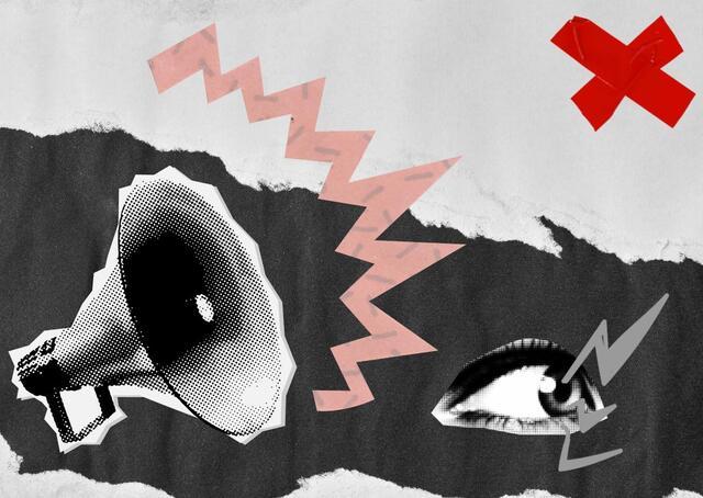 Collage of a megaphone and an eye