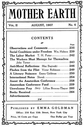 Emma Goldman's "Mother Earth," Table of Contents, August 1907