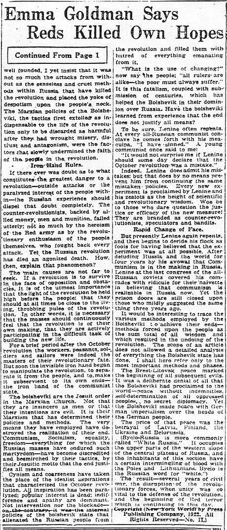 "Emma Says Reds Killed Own Hopes" Article by Emma Goldman, Page 2