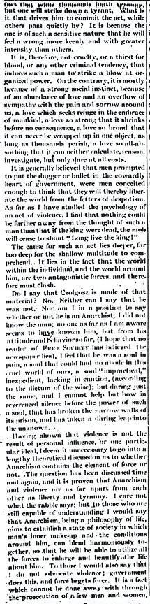 "The Tragedy at Buffalo" Article by Emma Goldman from Free Society, October 6, 1901, Page 4