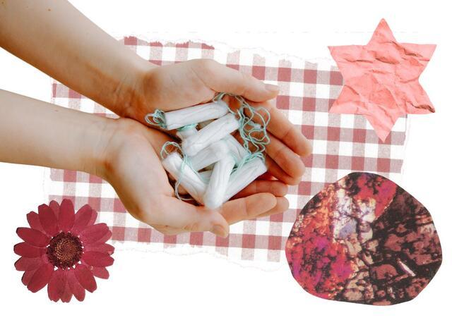 Collage of hands holding tampons on red and white background 