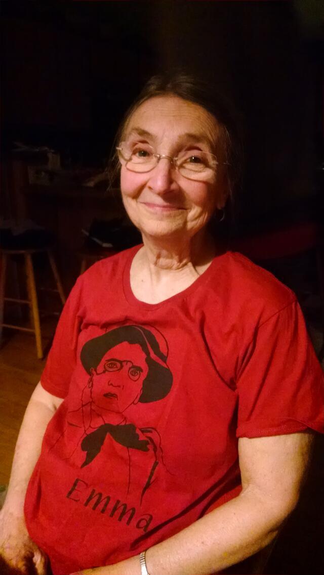 Emma Rous in Emma Goldman t-shirt