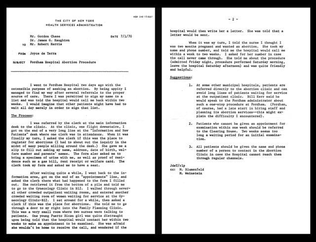 Fordham Hospital Abortion Procedure Memo by Joyce Antler, July 1970