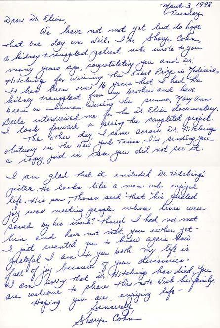 Letter from Sharyn Cohn to Gertrude Elion, March 3, 1998