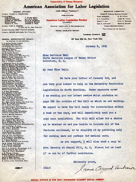 Letter to Gertrude Weil from Irene Osgood Andrews of the American Association for Labor Legislation, January 8, 1921