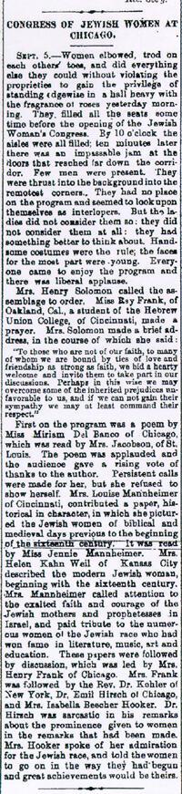 "The American Israelite" Article About the Congress of Jewish Women at Chicago, September 7, 1893