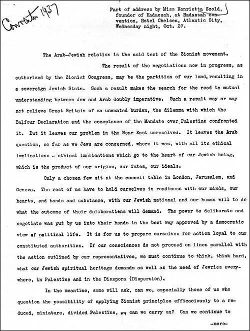 Excerpt from Henrietta Szold's address to 1937 Hadassah Convention, page 1