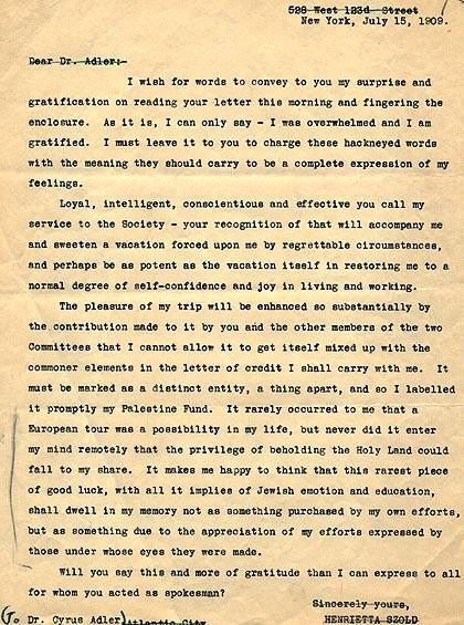 Henrietta Szold's Letter to Cyrus Adler, July 15, 1909