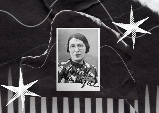 Collage with photo of Charlotte Charlaque surrounded by black and white designs.