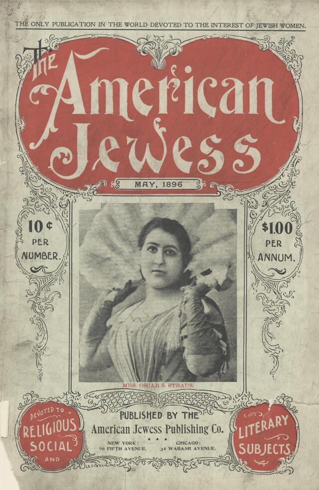 cover of the American Jewess magazine, May 1896, with a photograph of a woman with a large fan