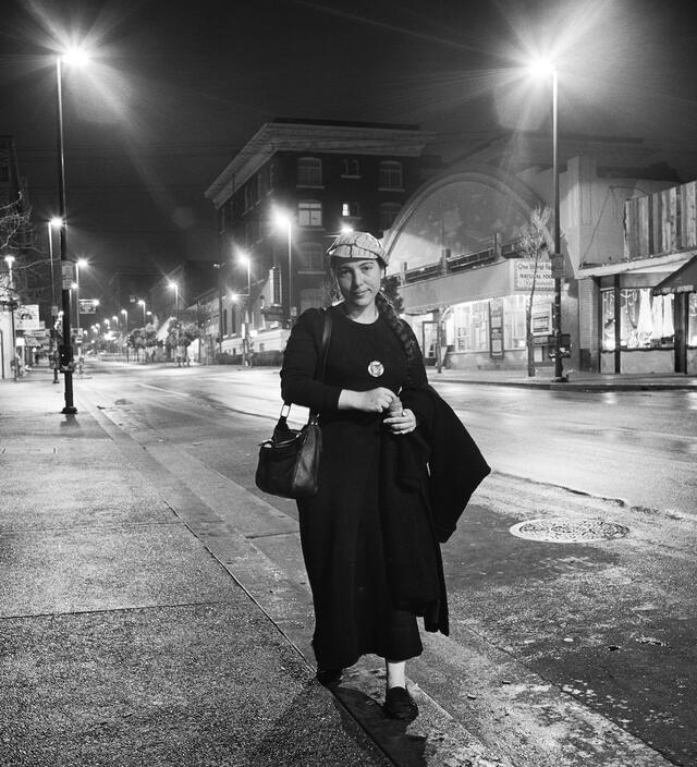 Black and white photograph of street poet Julia Vinograd