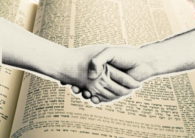 Collage with page of Talmud and two hands shaking