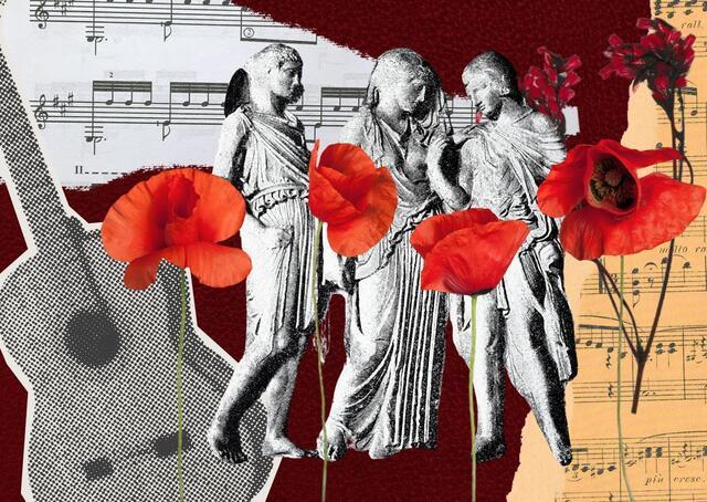 Collage with ancient Greek sculptures of Orpheus, Eurydice & Hermes, as well as as sheet music, a guitar, and flowers