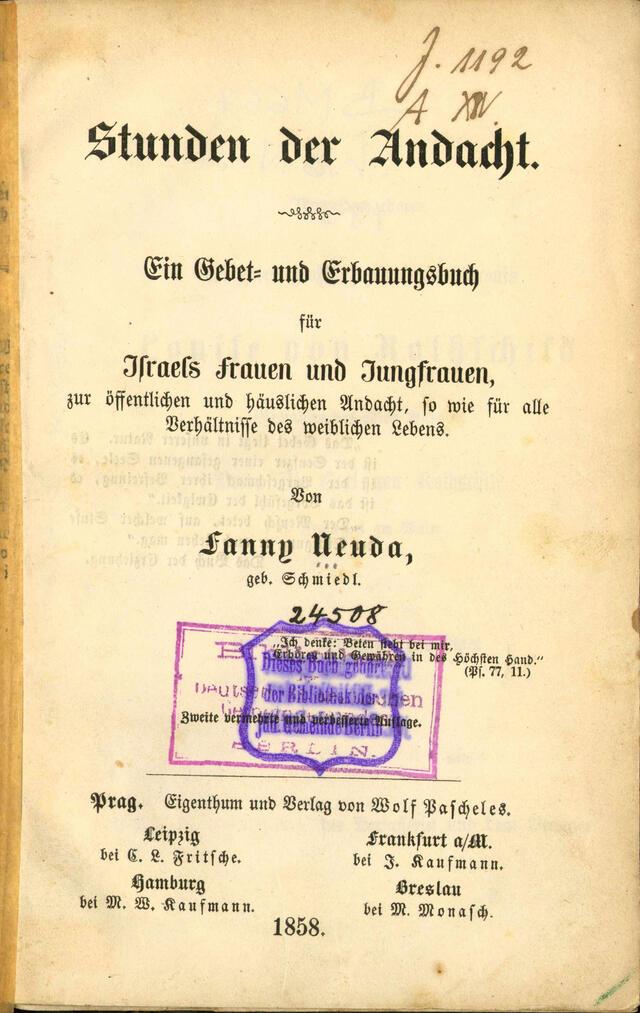 Fanny Neuda's "Stunden der Andacht" (Hours of Devotion) Title Page
