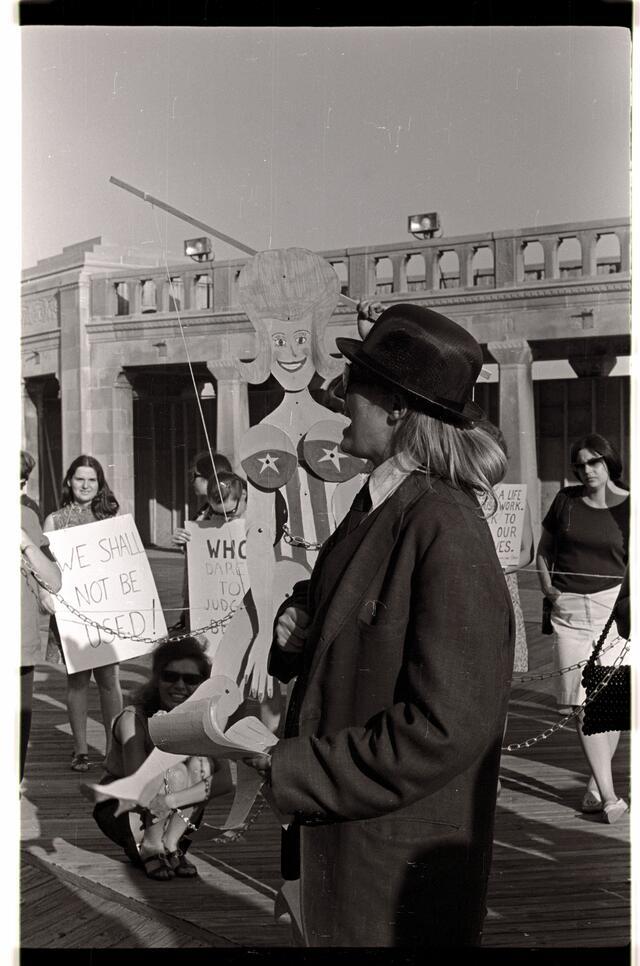 Peggy Dobbins and the Miss America puppet, September 7, 1968, Atlantic City.  