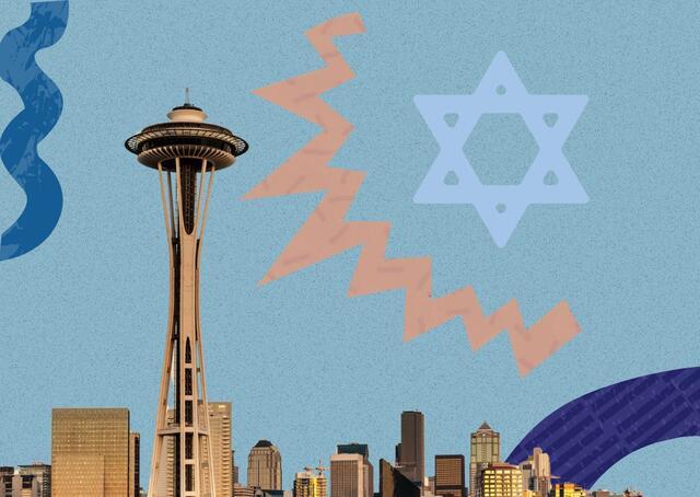 Collage of the Seattle skyline including the Space Needle. There is a Jewish star in the sky with water colors.