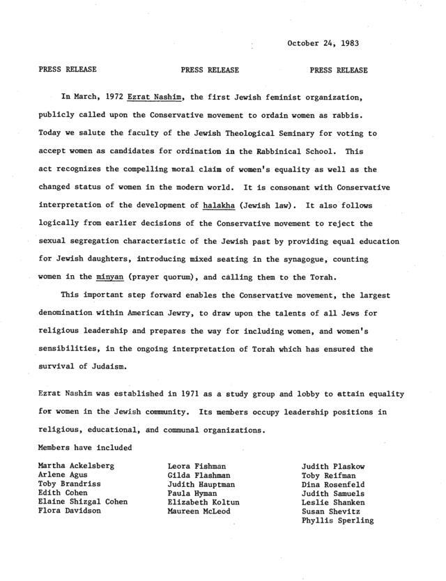 Ezrat Nashim Press Release, October 24, 1983
