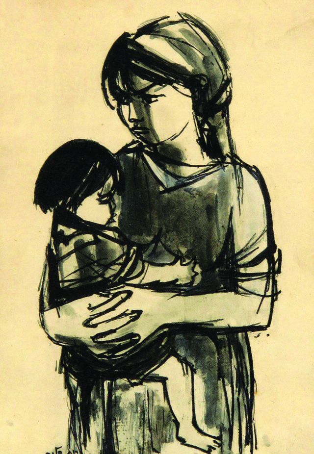 Ink drawing of a mother with a young child