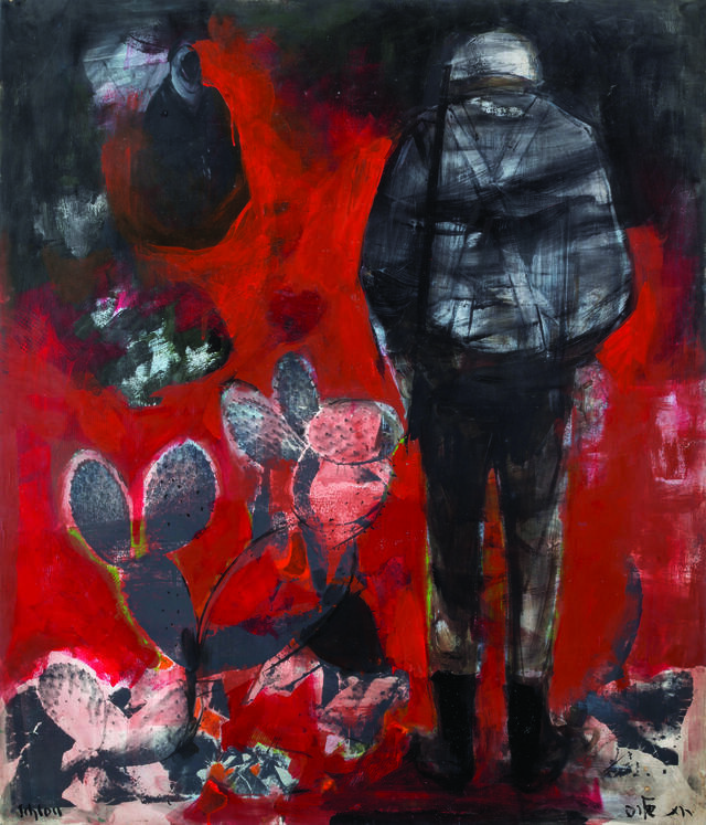 Painting of a soldier with a sabra bush, with a red background